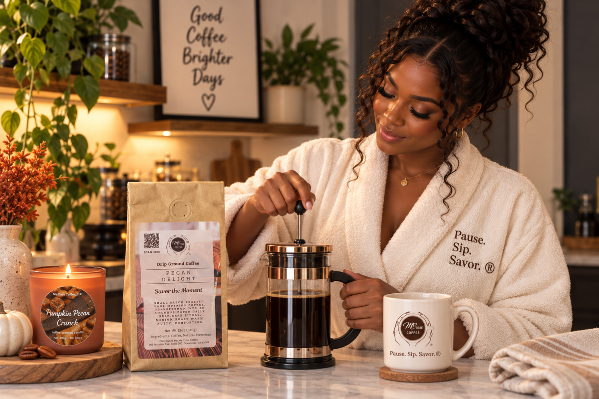 Black woman in a cream Pause. Sip. Savor.® robe preparing French press coffee at a warm coffee bar with Me Time Coffee Pecan Delight, a Pumpkin Pecan Crunch candle, and branded mug. Me Time Coffee