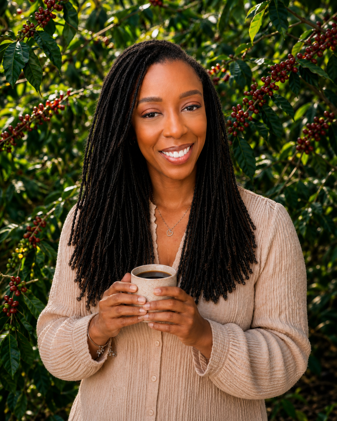 Toni Nicole, founder. of Me Time Coffee with long black locs stands outdoors in front of leafy green coffee plants holding a small white cup. She wears a beige ribbed cardigan.