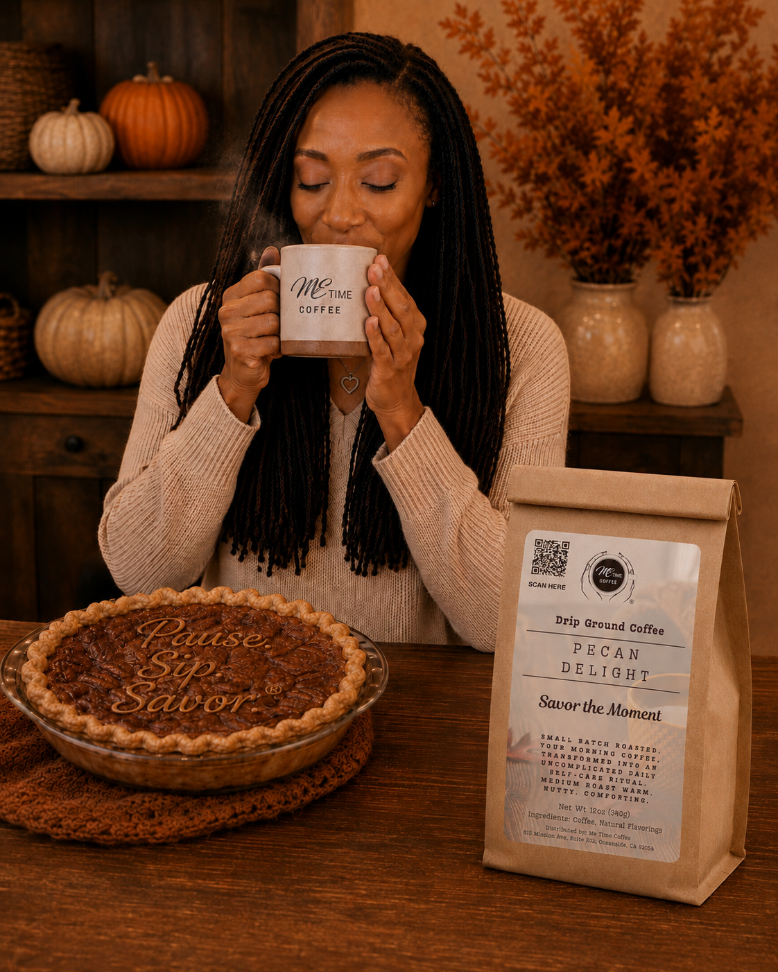 A woman with long black braids sits at a wooden table, holding a white mug that reads 'Me Time Coffee.' In front of her is a bag of Pecan Delight drip coffee and a pie on a crocheted mat.