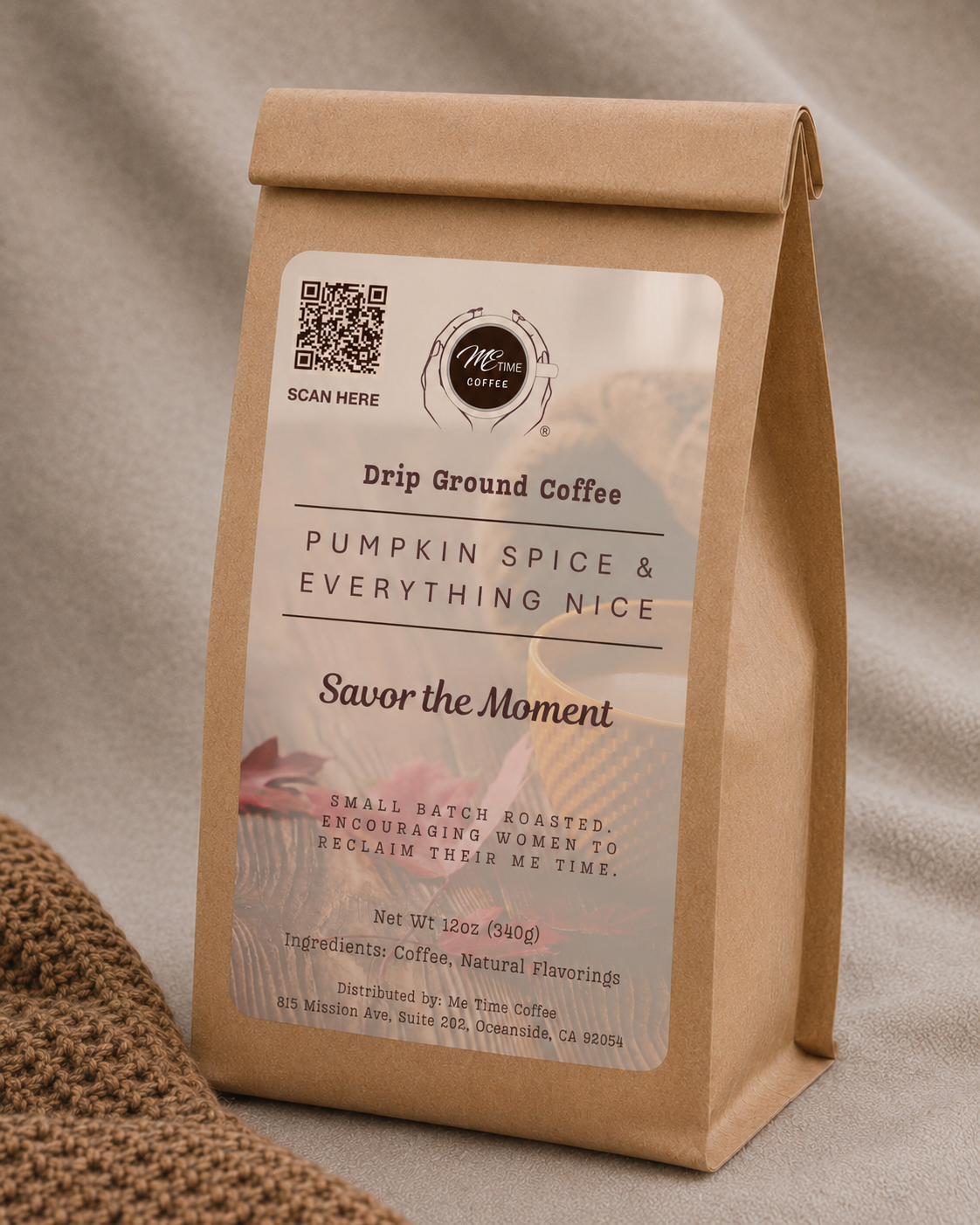 Me Time Coffee Pecan Delight buttery pecan medium roast coffee 12 oz bag Pecan Delight pecan flavored coffee beans, small-batch roasted Pecan Delight coffee bag styled with a candle for a cozy fall morning