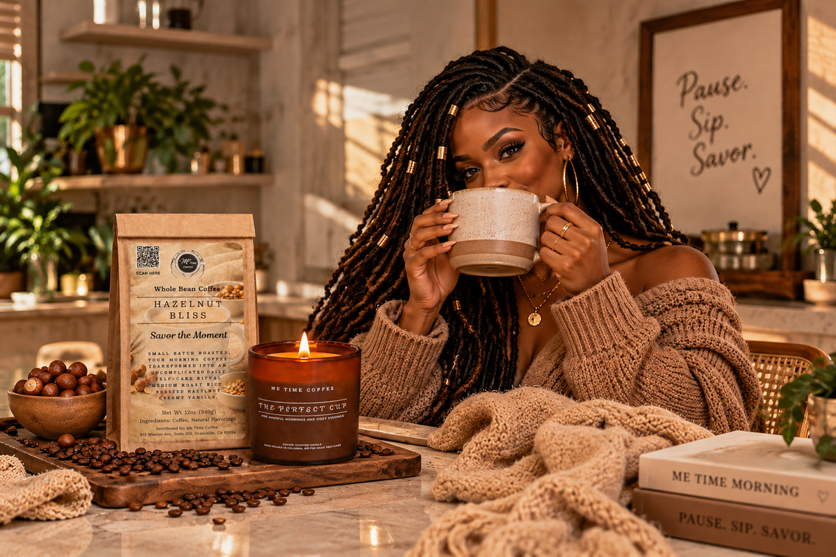 A cozy lifestyle scene featuring a woman with long black braids drinking from a white ceramic mug, surrounded by coffee-themed items including a bag of 'Hazelwood Bliss' coffee, a lit candle, and a knitted beige sweater on a table in a warm, sunlit kitchen setting.