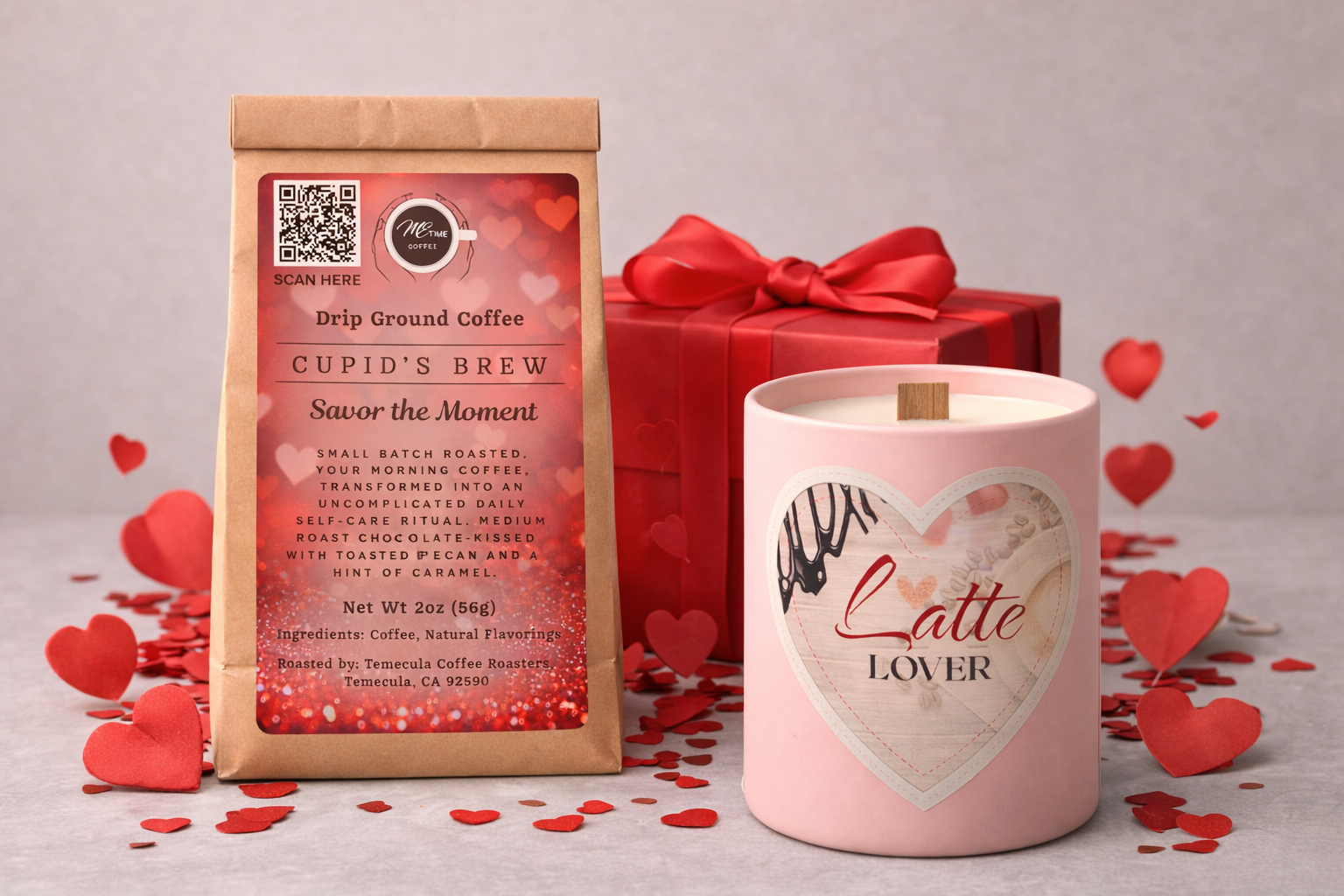 Coffee package and pink candle with 'Latte Lover' text on a gray background with red hearts.
