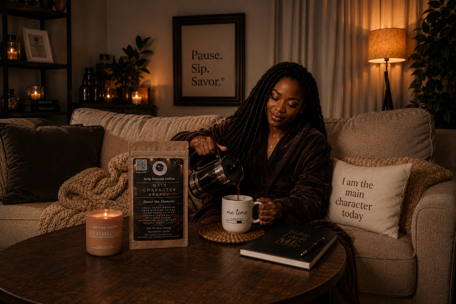 Black Woman pouring Me Time Coffee coffee into a mug in a cozy living room with candles and decor.
