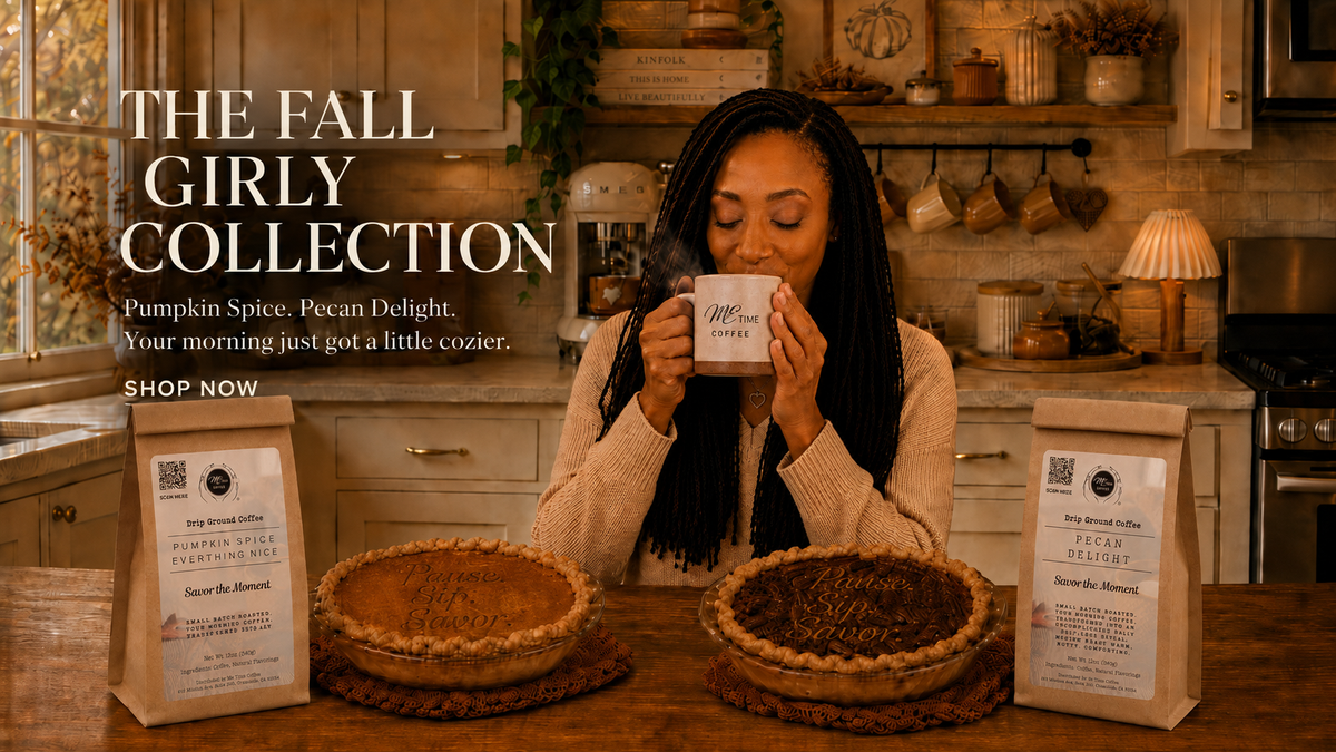 A woman in a cozy kitchen setting holds a mug while two coffee bags labeled Pumpkin Spice and Pecan Pie Specialty Coffee sit on the counter beside two pies. Text on the left reads 'The Fall Girly Collection' with flavor copy and a 'Shop Now' callout.