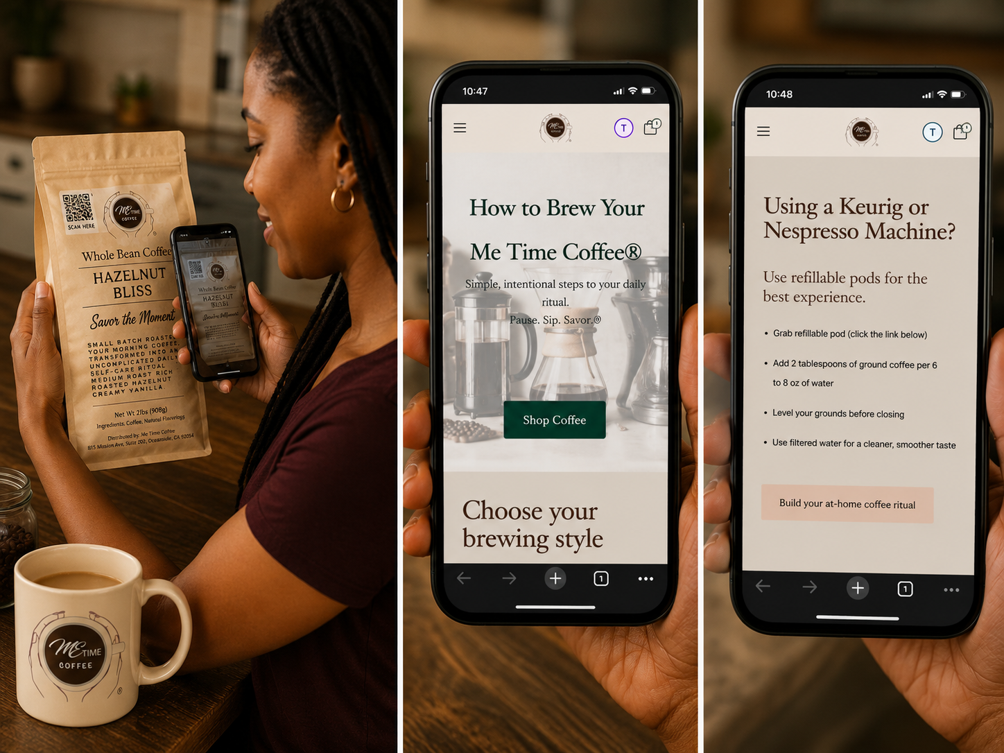 Woman holding a coffee bag of coffee to scan in order to view brewing instructions. and two smartphones displaying coffee brewing instructions.