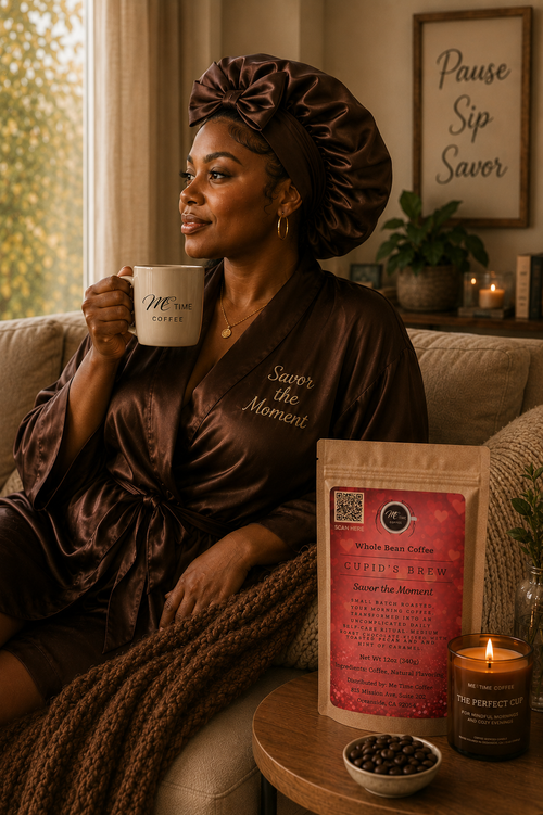 A woman in a satin brown robe and matching bonnet sits on a couch holding a mug, with a stand-up pouch of Mocha Bean Coffee and a lit candle on a table in front of her. The robe and mug both show the Mocha Bean Coffee branding.