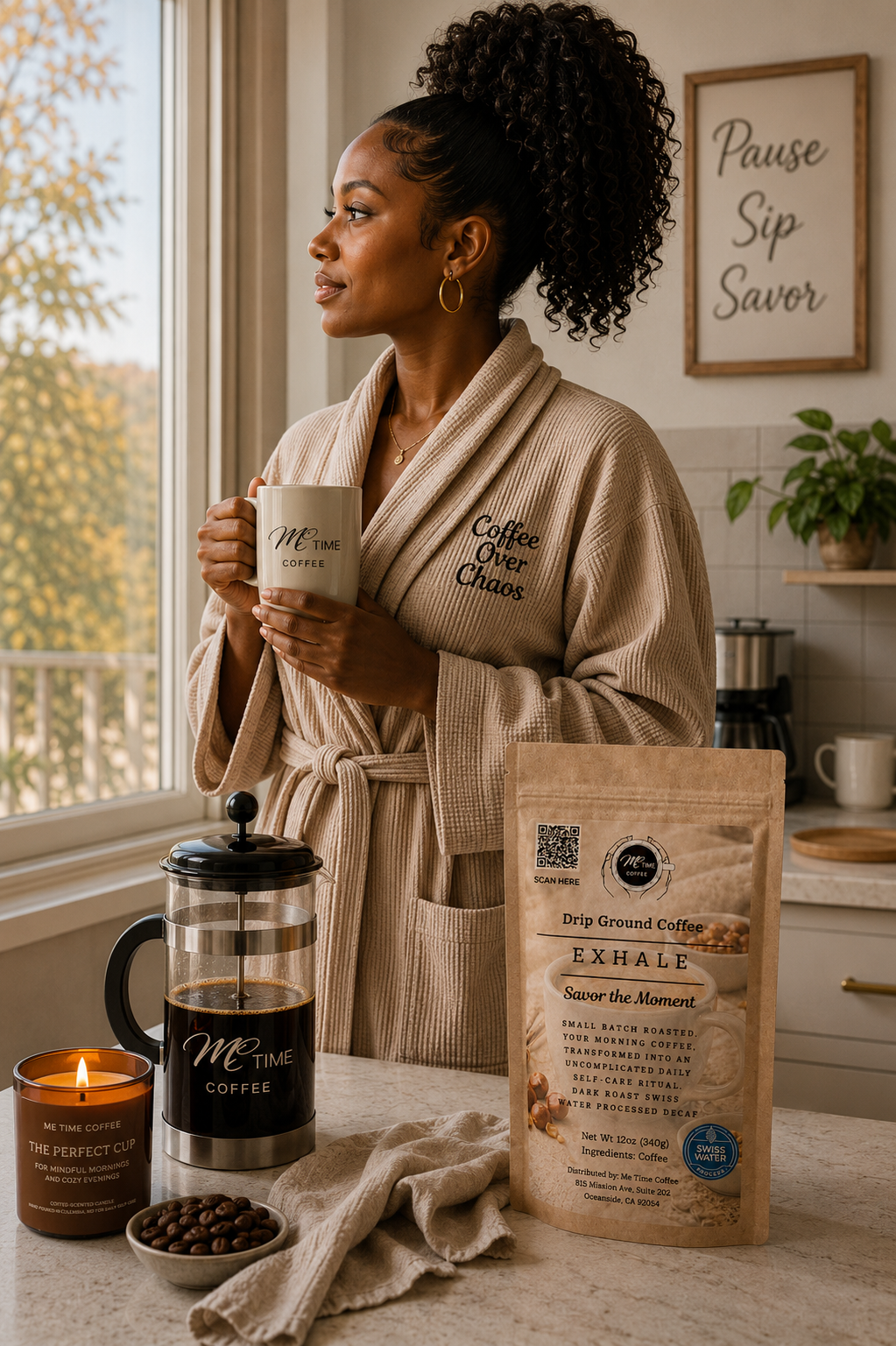 A woman in a beige waffle robe stands in a bright kitchen holding a mug, with coffee products displayed on the counter in front of her, including a French press, a candle, coffee beans, and a standing bag labeled 'Exhale'.