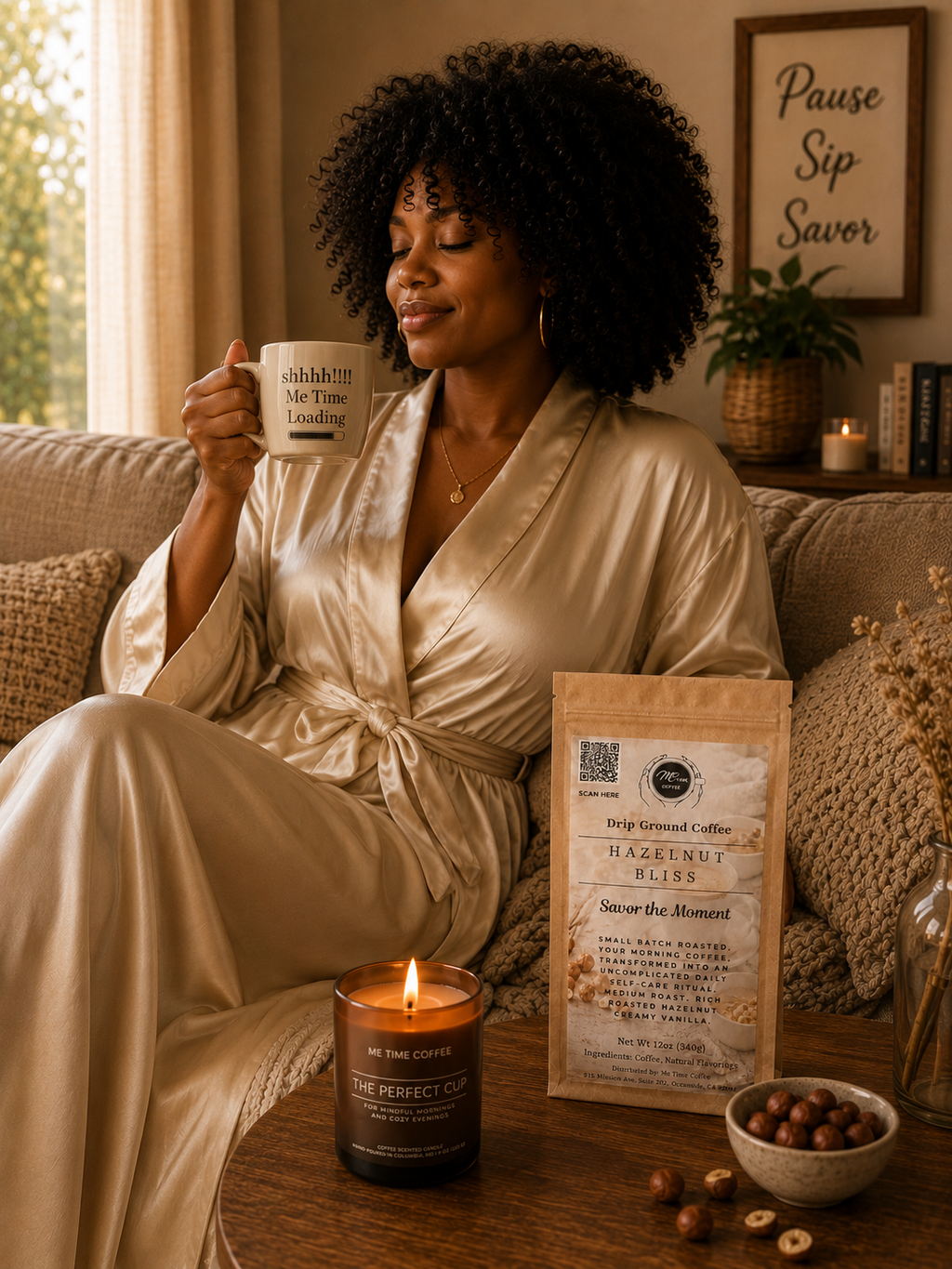 A woman in a satin robe sits on a couch holding a mug while a bag of Hazelnut Bliss coffee and a lit candle are placed on a table in a cozy living room setting.