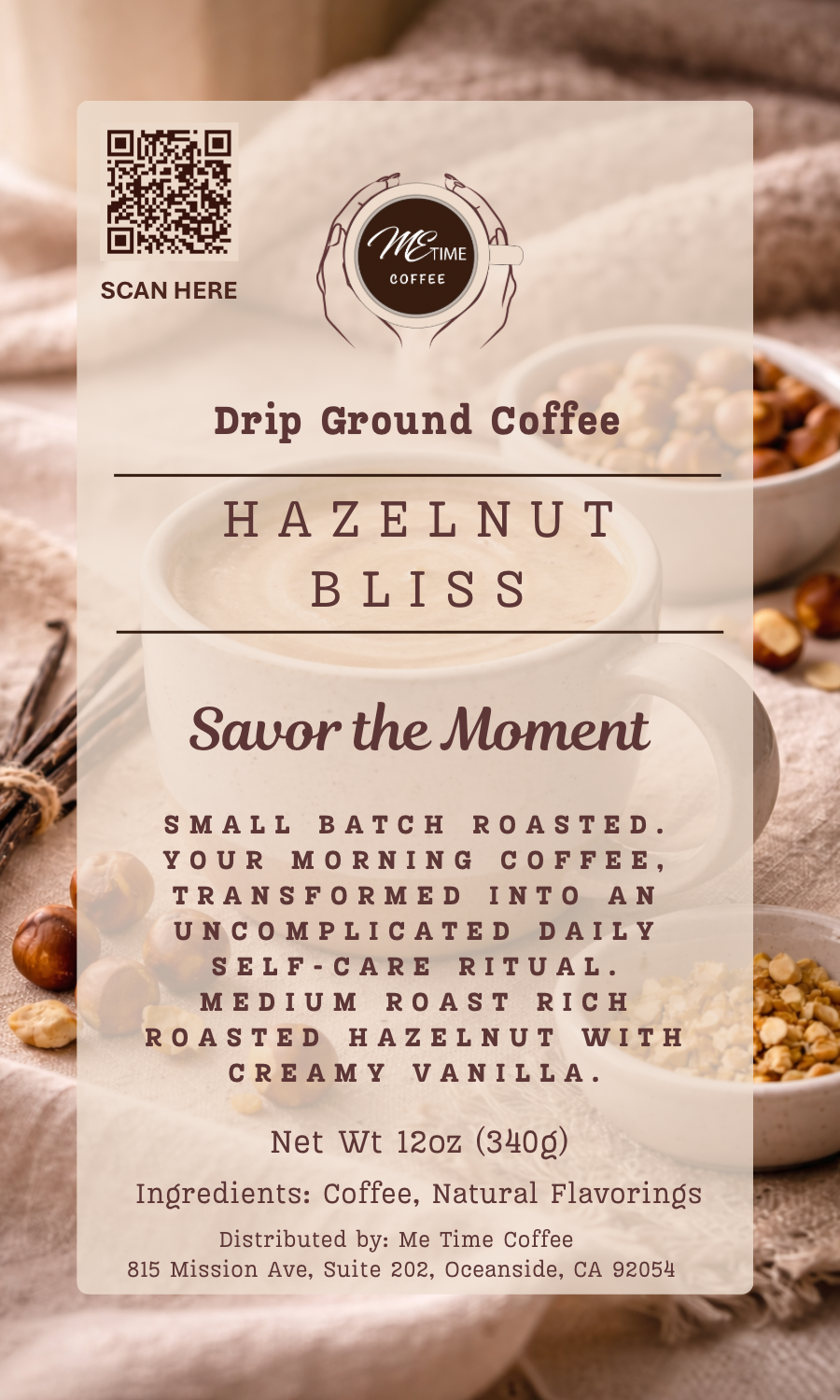 Coffee package labeled 'Hazelnut Bliss' with branding and text details on a textured background.