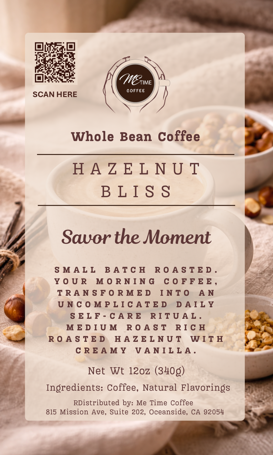 Coffee package labeled 'Hazelnut Bliss' with a QR code and branding on a textured background.