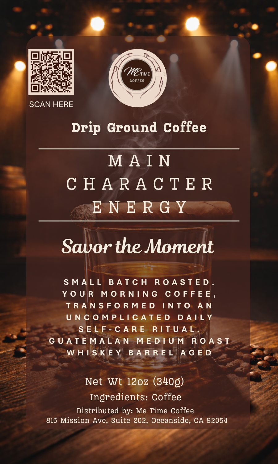Coffee package with text and branding on a wooden surface