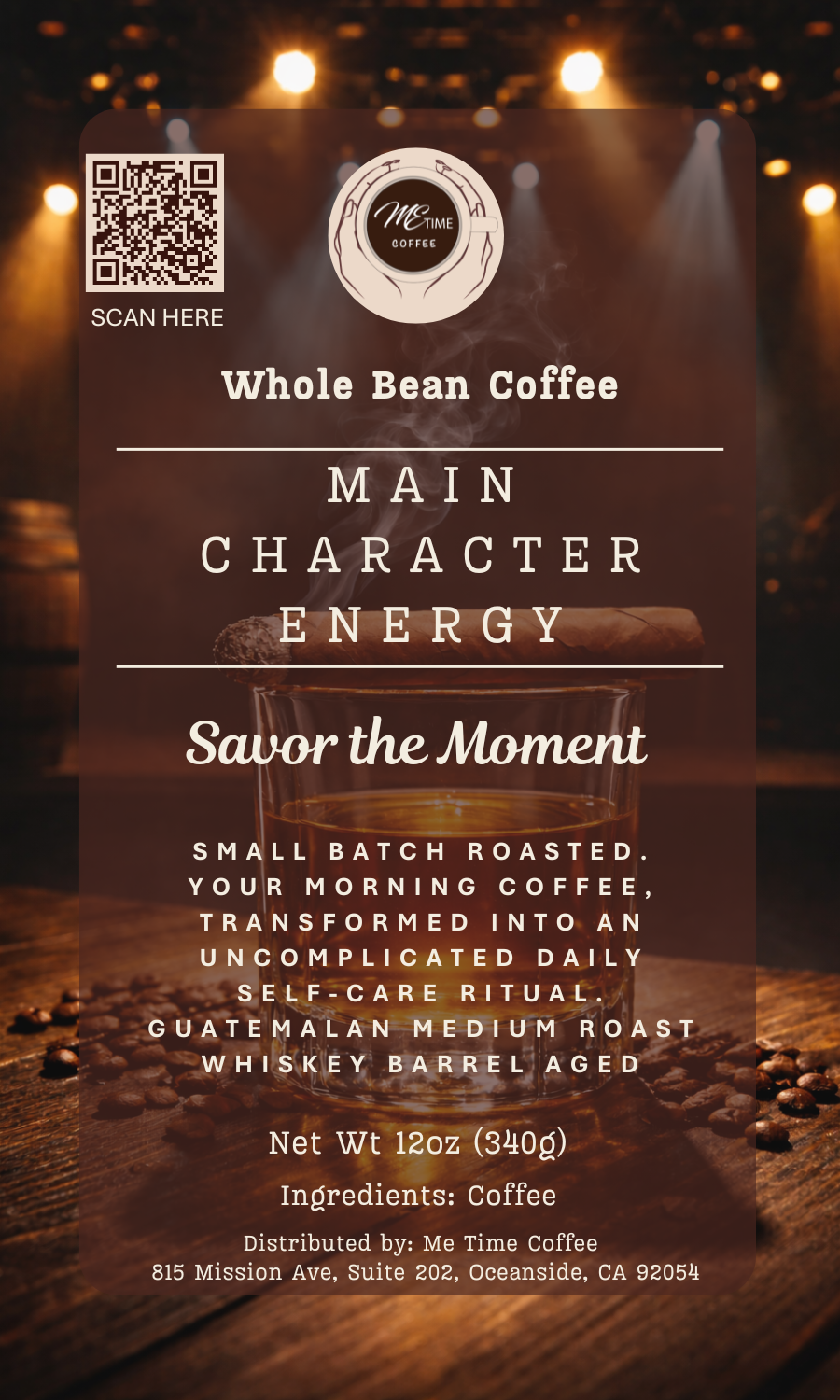 Coffee package with text and branding on a wooden surface