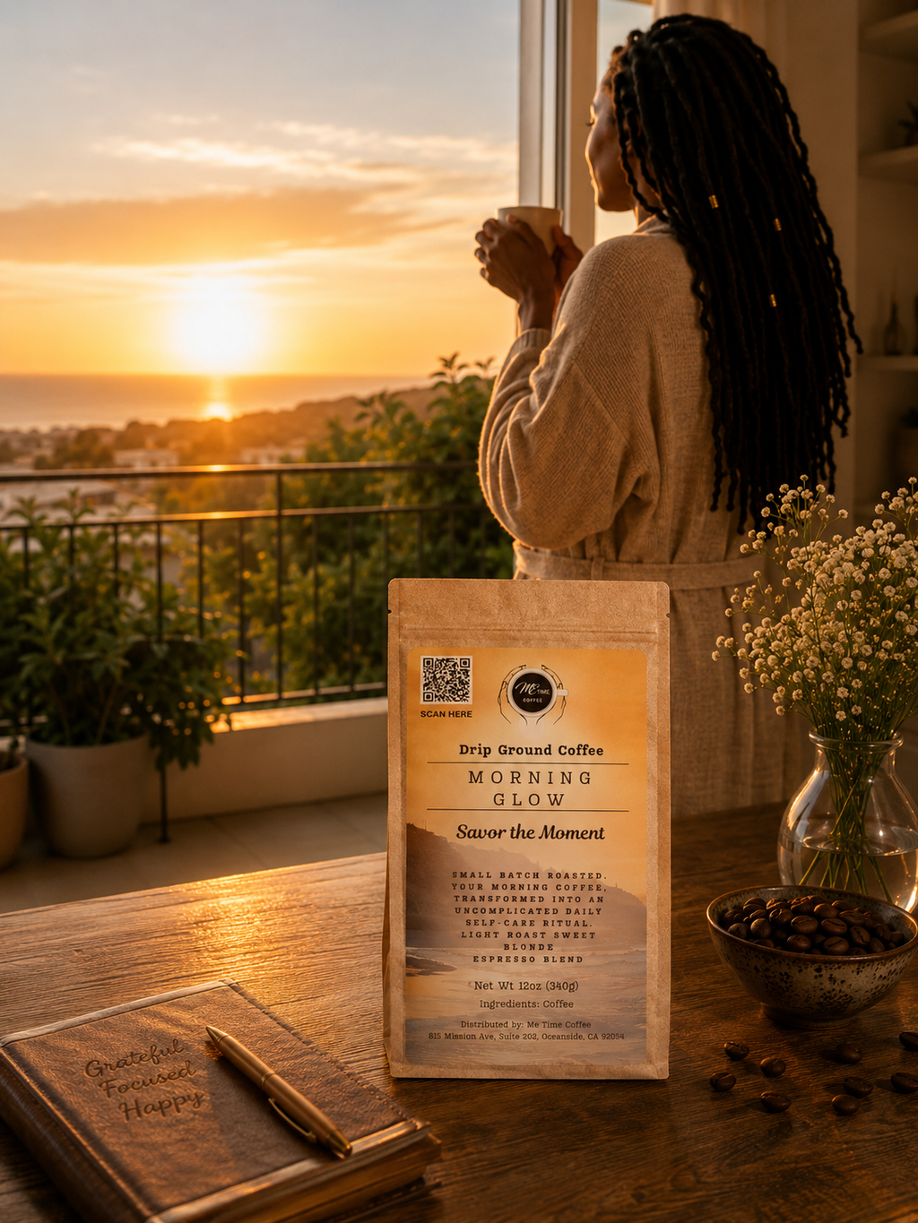 Person enjoying a cup of coffee with a sunrise view, featuring a 12oz bag of Me Time Coffee 'Morning Glow' on a wooden table.
