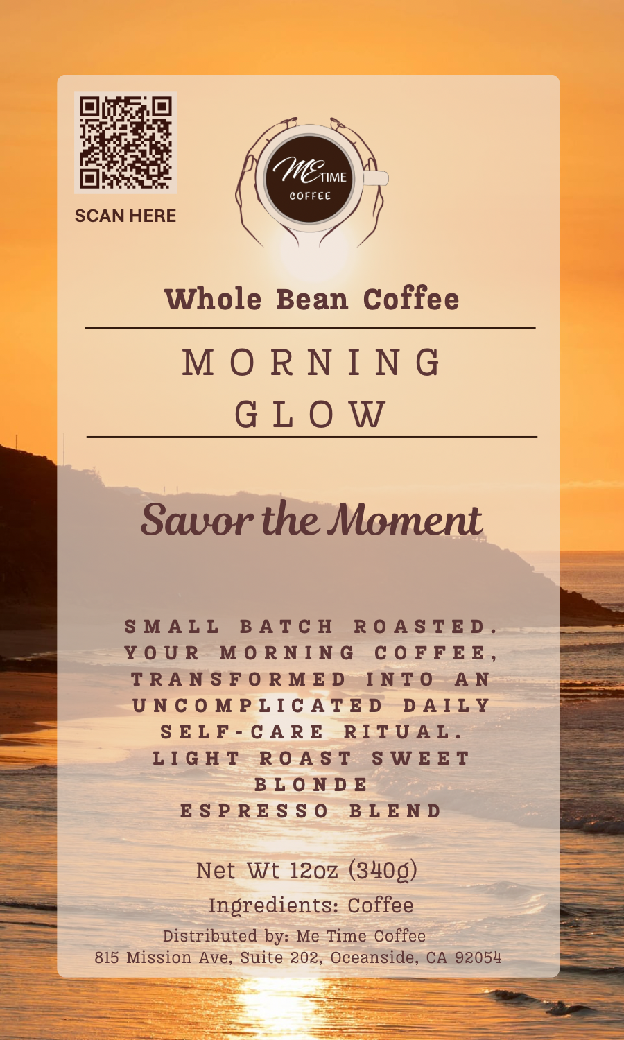 Coffee package labeled 'Morning Glow' with a scenic background
