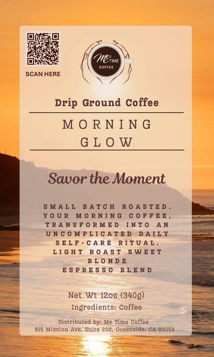 Coffee package labeled 'Morning Glow' with a scenic background
