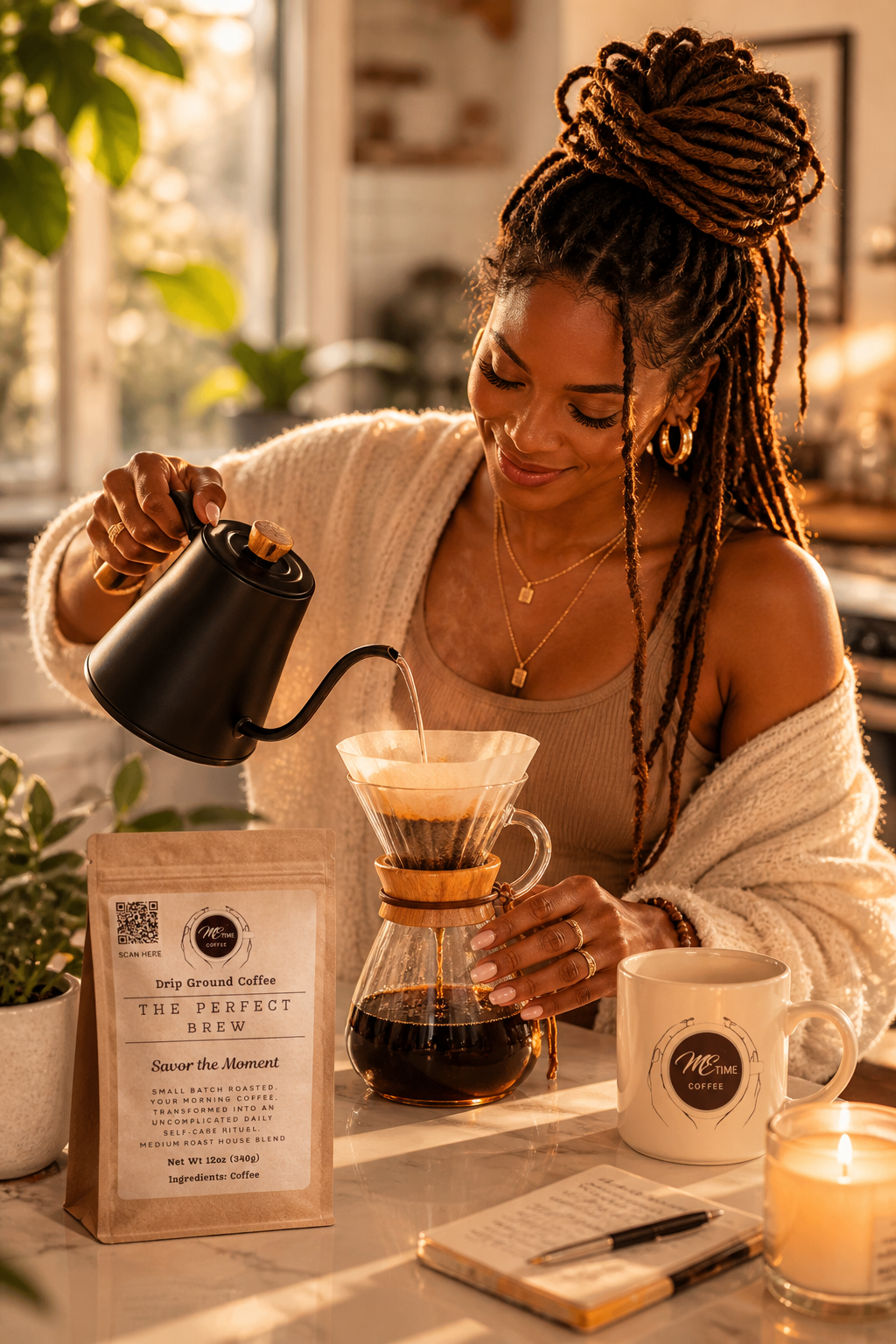 Woman pouring coffee from a pour-over device into a mug with a lit candle and notebook in the background.