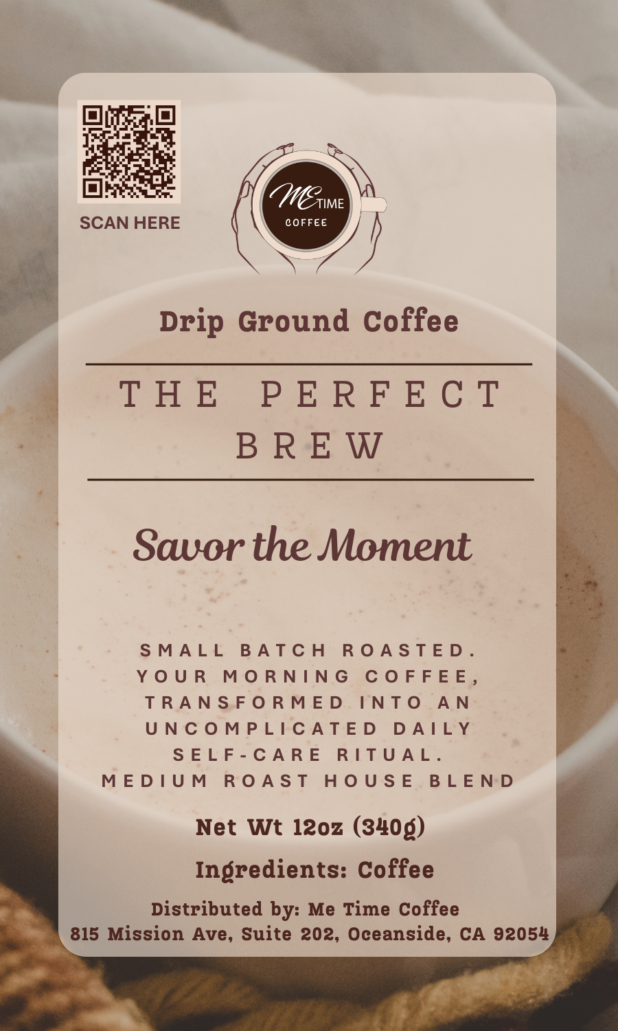 Coffee label with QR code and text about coffee quality and roasting process.