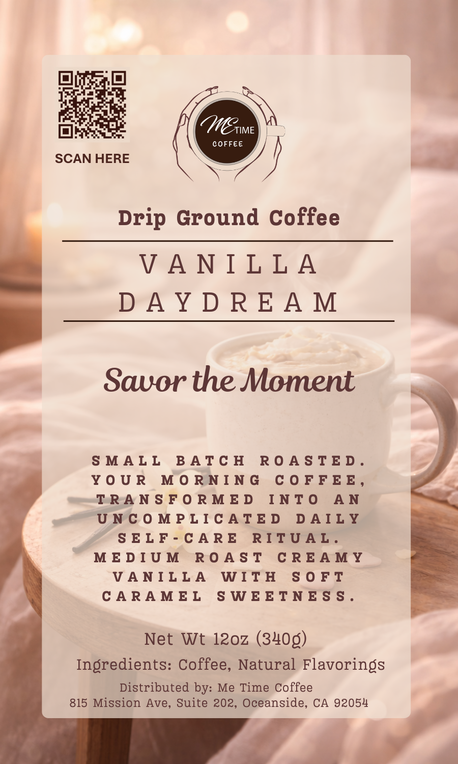 Coffee package labeled 'Vanilla Daydream' with a QR code and branding on a light background.