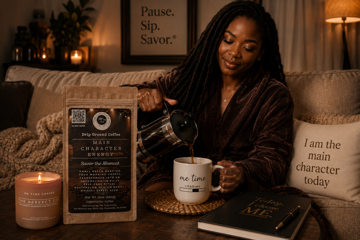 Woman pouring coffee into a mug with a bag of coffee and candle on a table.